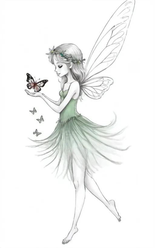 Prompt: My fairy holding a butterfly in her hand as she flies in the mystical forest