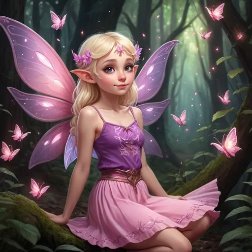 Prompt: A cute little blonde headed elf with paisley ears and pink fairy wings wearing a pink and purple short top and long skirt in a fantasy forest with fireflies flying around her