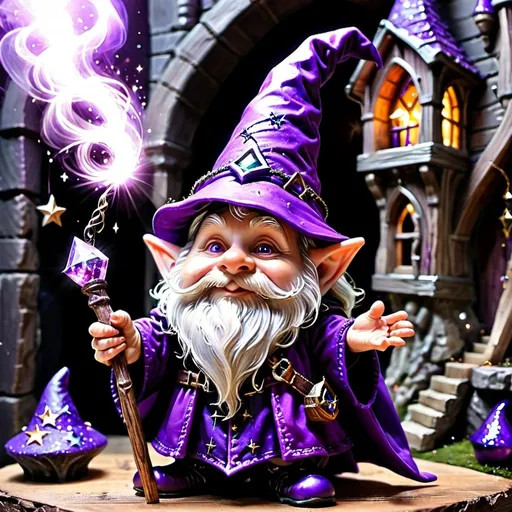 Prompt: A gnome wizard with stars on a purple wizard's gown and hat and a wooden wand with a diamond tip casting a spell within the Mysterious Castle