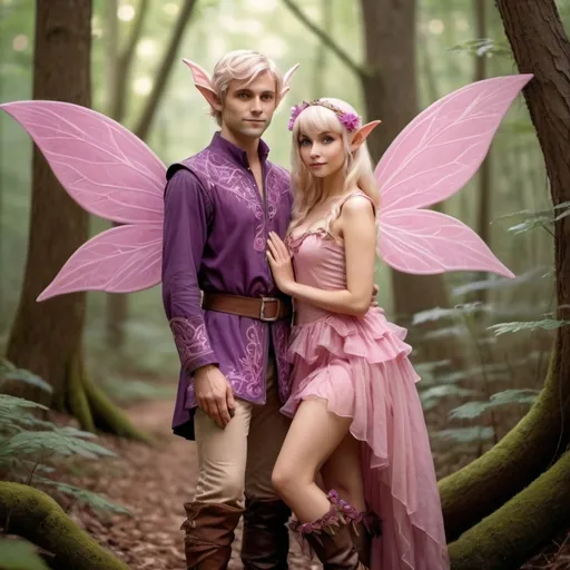 Prompt: A beautiful blonde headed woman elf with medium size paisley ears small nose, pink fairy wings wearing a pink and purple dress in a fantasy forest with a Man fairy wearing brown boots