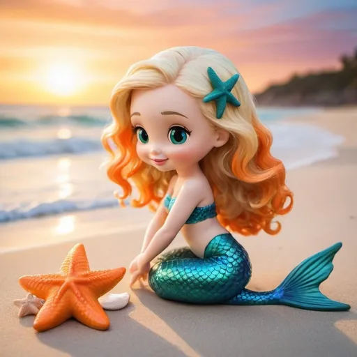 Prompt: A cute little blonde headed mermaid with a big blue-green wavy tail fin putting a starfish in her hair while she's sitting on the beach with an orange sunrise.