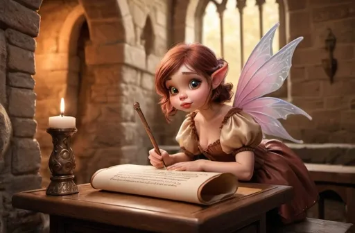 Prompt: puckered sour puss lip fairy signing a scroll with her brown wooden wand while inside the castle