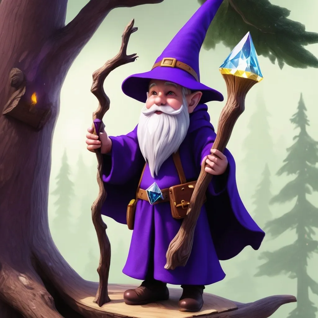 Prompt: A gnome wizard with a purple wizard's gown and hat and a wooden wand with a diamond tip casting a spell on a tall tree house