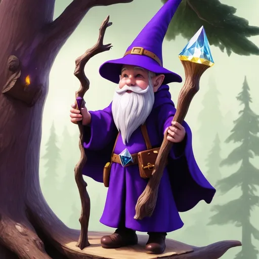 Prompt: A gnome wizard with a purple wizard's gown and hat and a wooden wand with a diamond tip casting a spell on a tall tree house