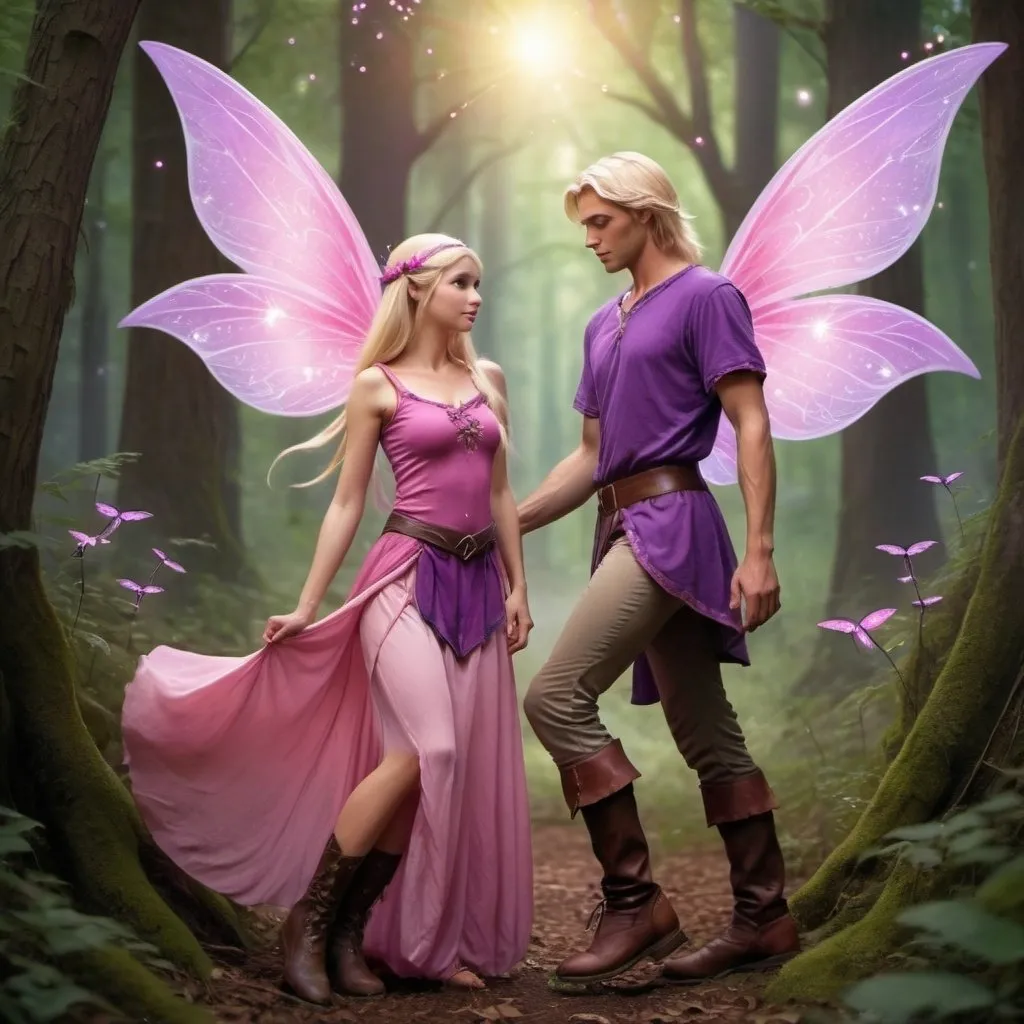 Prompt: A beautiful blonde headed woman elf with paisley ears and pink fairy wings wearing a pink and purple top a long skirt in a fantasy forest with fireflies flying around her and a handsome blonde headed man elf with paisley ears and purple wings wearing a purple shirt and pants and brown boots giving a pink flower to the blonde headed girl elf