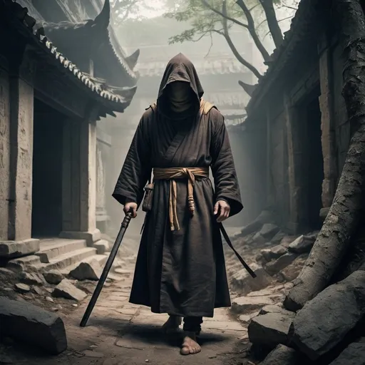 Prompt: a monk wearing a dark robe with its hood down, and under the hood, the monk is wearing a military outfit with kevlar protecting his chest, arms and legs, all of this while walking out of the ruins of an ancient temple, with a chinese sword in his right hand and a medieval axe in his other hand. The temple is in the middle of nowhere, in a dark and strange forest. There are lots of shadows that do not show the monk´s face. The robe of the monk has to be open so that his military outfit can be seen. The medieval axe also has to be seen. 