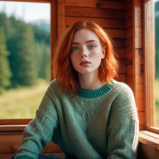 Prompt: Short pale romantic girl with clean green eyes, bright red hair, sitting in a cozy cabin, summer atmosphere, wearing a sweater, detailed eyes, warm lighting, serene atmosphere, high quality, cozy, detailed hair, peaceful, comfortable, cabin interior, summer vibes, redhead, detailed sweater, focus on face, professional, warm color tones