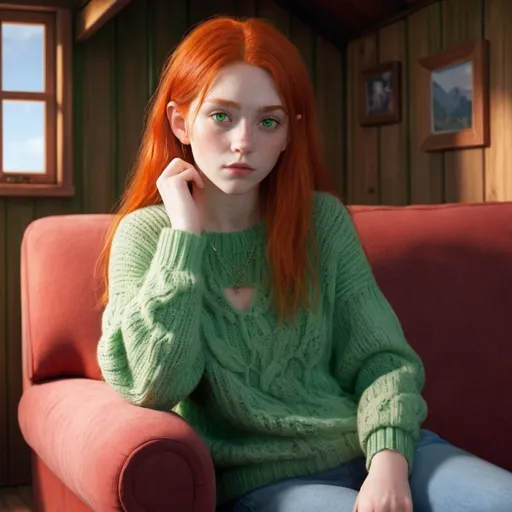 Prompt: A short pale girl with clean green eyes like leaves, and red hair with slightly pointed ears sitting in a cabin on the sofa in the summer in a sweater