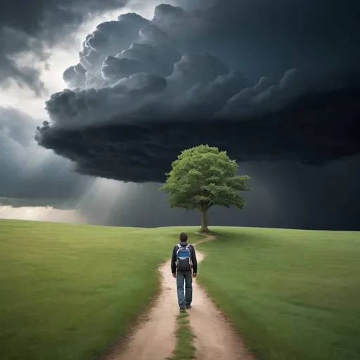 Prompt:  Scene 1:

A person stands on a path, looking discouraged. Dark storm clouds loom overhead, and the path ahead is unclear. Signs along the path say "Short-Term Setback" and "Frustration." The person carries a heavy weight on their back labeled "Focus on Short-Term Results."
Scene 2:

The person looks up and sees a faint light in the distance. They take a deep breath and start walking towards the light. The storm clouds begin to part, revealing a clear blue sky with a few wispy clouds.
Scene 3:

As the person walks, the path becomes brighter and more defined. Signs now say "Small Win" and "Learning Opportunity." The weight on their back lightens and transforms into a backpack labeled "Growth Mindset."
Scene 4:

The person reaches the source of the light, which is a large, healthy tree with strong roots. The tree represents the Long-Term Vision. Birds chirp and butterflies flutter around the tree. A sign on the tree says "Long-Term Benefit." The person looks ahead and sees a clear path leading towards a bright horizon. They smile with newfound determination.