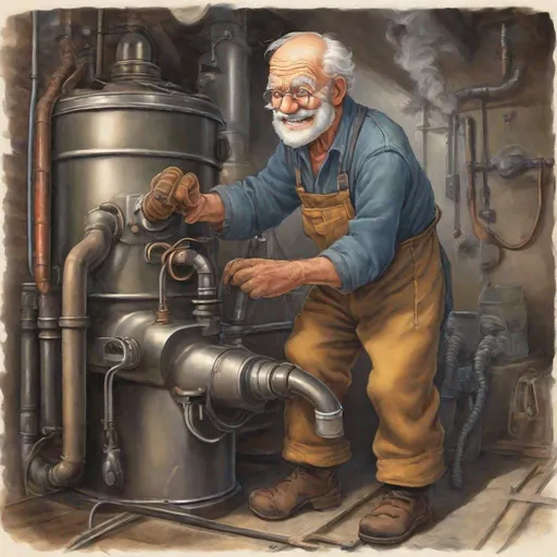 Prompt: draft me an image of an old man working on an oil boiler. have the image set at torso. show his hands with oil staineed. j. he has the face of expeerience and kindness. wearing coveralls and smilling at the viewer
