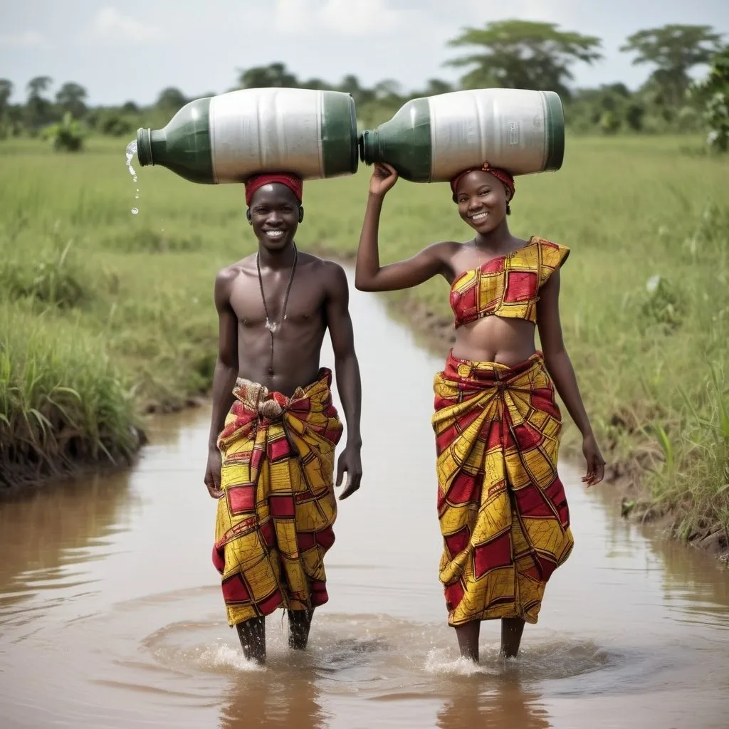 Prompt: Generate an image of two youths from the water source carrying jerry cans of water but deeply in love, dressed in Ugandan attire (kitenji) designed with fish pictures. They are light-skinned but the girl is lighter, she has a weave on his head, beautiful. It should be a full-size photo. Quality is key and you should save the image for future reference.