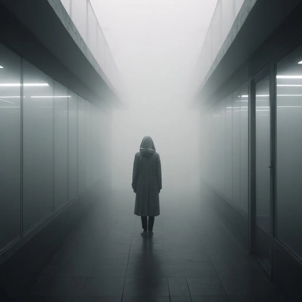 Prompt:  liminal space with a person while it is foggy
