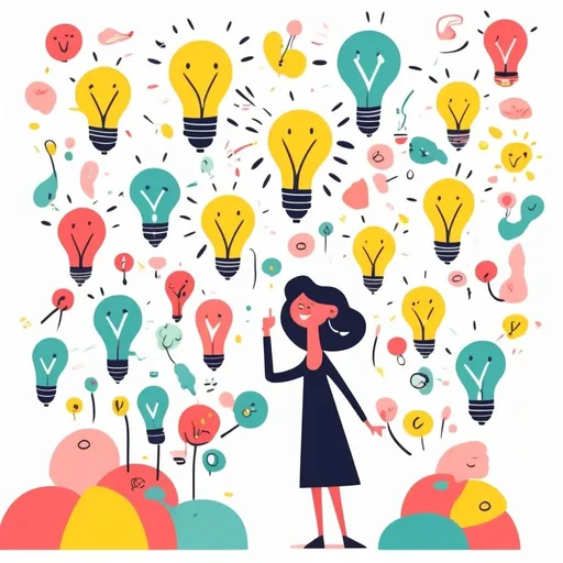Prompt: illustration character design, cartoonish whimsical style. woman having a happy idea, show brain as a lightbulb ,bright colors simple shapes,white backdrop