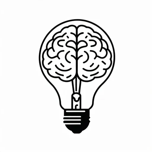 Prompt: minimal B&W icon, lightbulb with a human brain inside, svg, flat minimal line vector design, white background