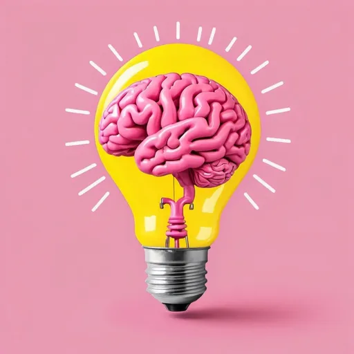 Prompt: create an illustration of a yellow lightbulb with a pink human brain inside with no background