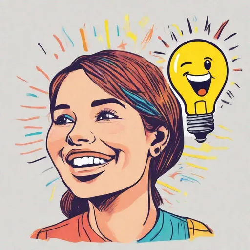 Prompt: Pretty colorful Crayon flat drawing of a woman thinking and smiling, show a yellow lightbulb and a happy emoji above her head, no background