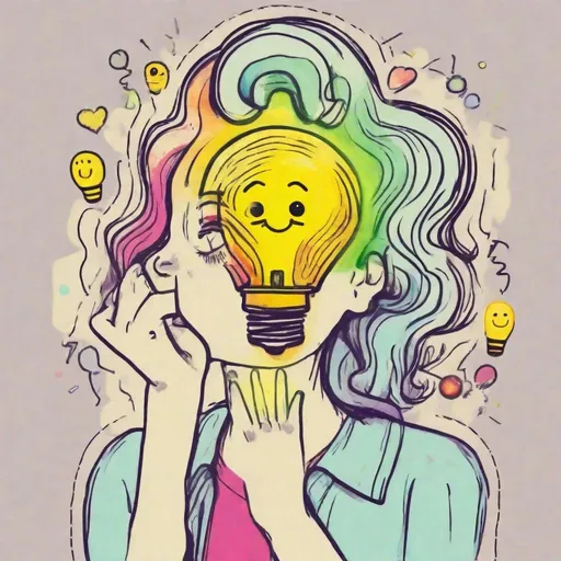 Prompt: Pretty colorful Crayon flat drawing of a woman thinking, show a yellow lightbulb and a happy emoji, no background