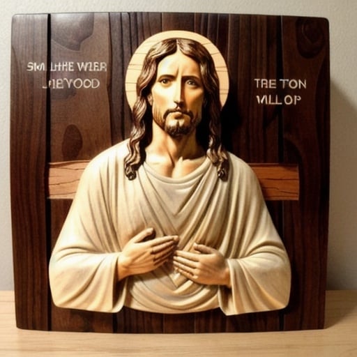 Prompt: Someone making jesus wood art