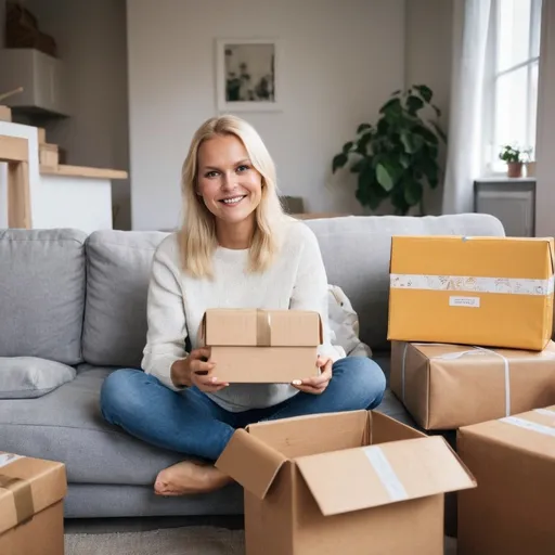 Prompt: Blonde, Pretty Swedish has just received lots of parcels in the mail. She sits on her couch in her cute, stylish living room, surrounded with the parcels, opening them happily. She seems all the products she bought over the past few days and has great satisfaction that they have all arrived quickly.