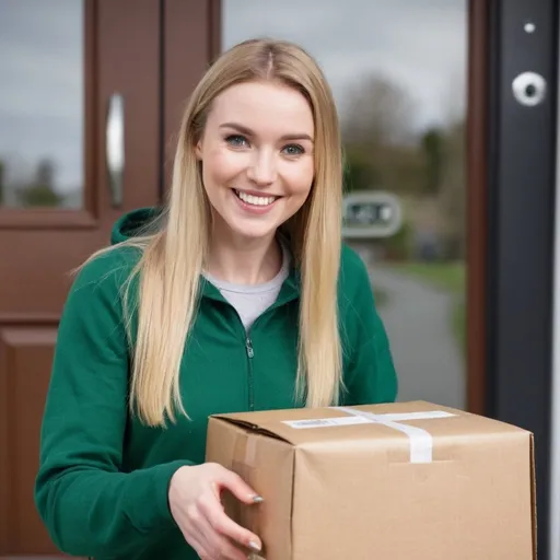 Prompt: Blonde, Pretty Irish woman receiving a package in the mail. She is smiling happily at the delivery person. It is the products that she purchased online a few days ago.

Please create a variety of poses and her chatting with the delivery driver too.