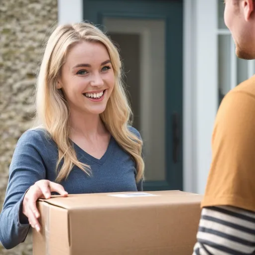 Prompt: Blonde, Pretty Irish woman receiving a package in the mail. She is smiling happily at the delivery person. It is the products that she purchased online a few days ago.

Please create a variety of poses and her chatting with the delivery driver too.