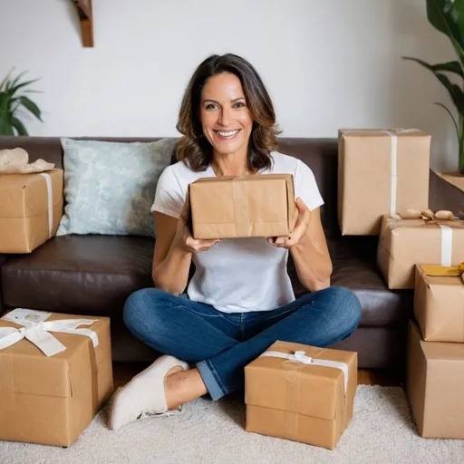Prompt: Brunette, Pretty Brazilllian woman in her early 40s has just received lots of parcels in the mail. She sits on her couch in her cute, stylish living room, surrounded with the parcels, opening them happily. She seems all the products she bought over the past few days and has great satisfaction that they have all arrived quickly.