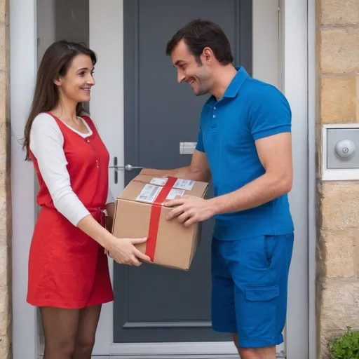 Prompt: Brunette, Pretty French woman in her late 30s has just received some parcels in the mail. She stands at her front door and greets the delivery driver, having a nice chat with him. They smile and talk and he gives her her parcels. In each image it should be a different girl and driver, and a different outfit on her and on him. Make blue and red quite dominant in the images.