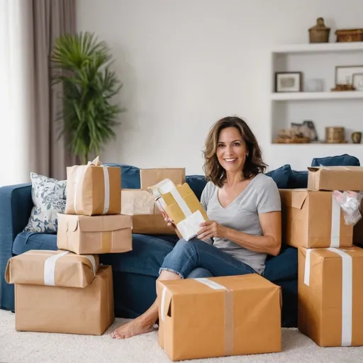 Prompt: Brunette, Pretty Brazilllian woman in her early 40s has just received lots of parcels in the mail. She sits on her couch in her cute, stylish living room, surrounded with the parcels, opening them happily. She seems all the products she bought over the past few days and has great satisfaction that they have all arrived quickly.