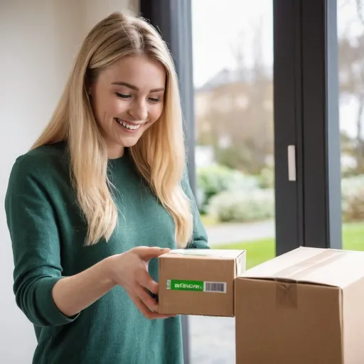 Prompt: Blonde, Pretty Irish woman receiving a package in the mail. She is smiling happily at the delivery person. It is the products that she purchased online a few days ago.