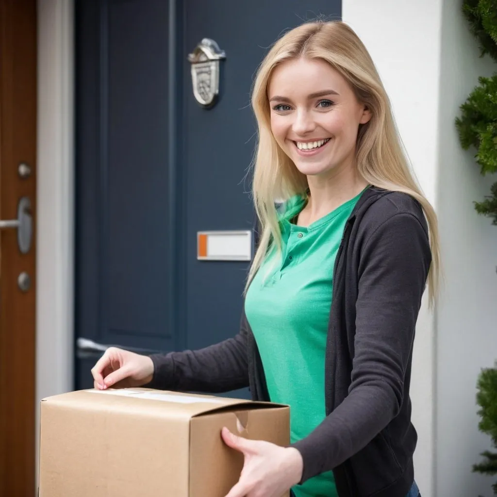 Prompt: Blonde, Pretty Irish woman receiving a package in the mail. She is smiling happily at the delivery person. It is the products that she purchased online a few days ago.

Please create a variety of poses and her chatting with the delivery driver too.