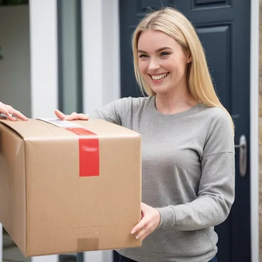 Prompt: Blonde, Pretty Irish woman receiving a package in the mail. She is smiling happily at the delivery person. It is the products that she purchased online a few days ago.

Please create a variety of poses and her chatting with the delivery driver too.