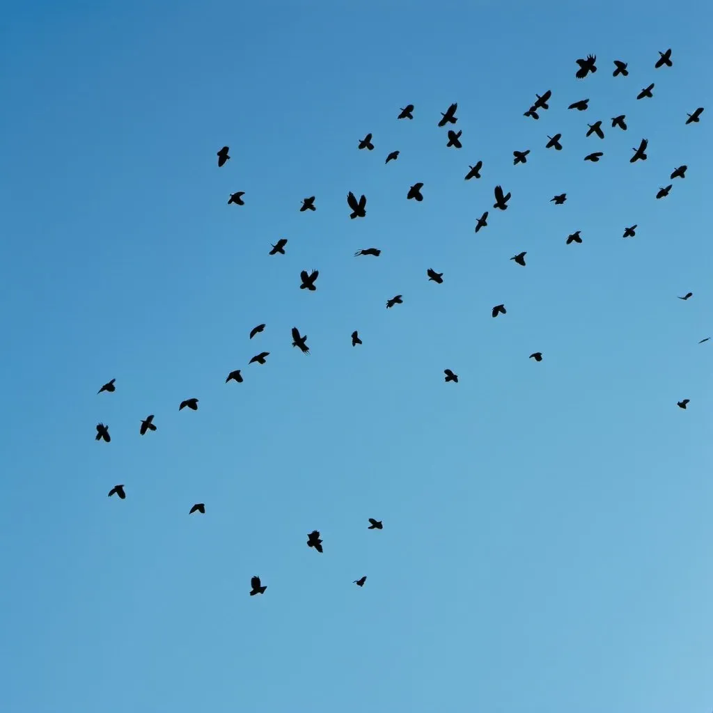 Prompt: a large flock  of crows in a blue sky