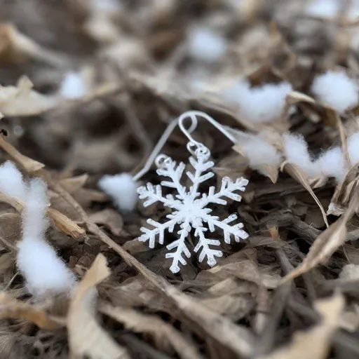 Prompt: a single snowflake earring on forest floor with white fluffy cottonwood floss