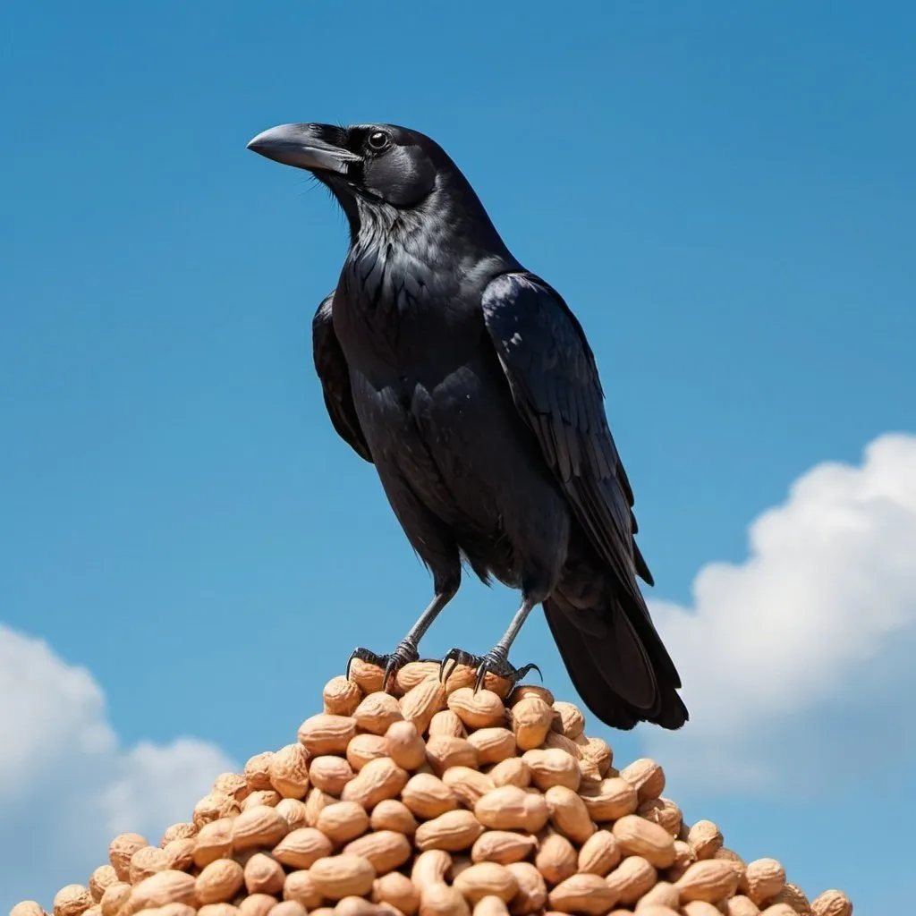 Prompt: one crow on pile of peanut earring in mouth blue sky pulp style