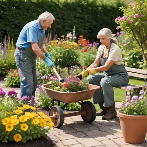 Prompt: create an outdoor garden full of plants and flowers that has a  birdbath , a bench and  an older  man hoe in hand sitting on the bench and  the  younger woman   working in garden  flower area with garden gloves, boots pushing a wheel barrel.   
