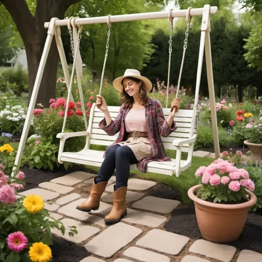 Prompt: create an outdoor garden full of plants,  flowers and  blooming trees with a swing ,  birdbath , r  and    human  woman  sitting on swing  garden gloves, boots  and shovel  on ground.
