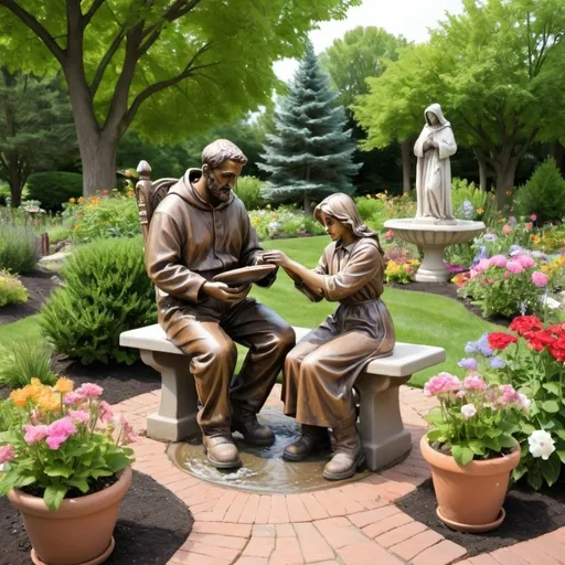 Prompt: create an outdoor garden full of plants,  flowers and  blooming trees swing  a  birdbath , a  chair  and    human  man hoe in hand sitting on the bench and  the  younger woman   working in garden  flower area with garden gloves, boots .st francis statue in background . 