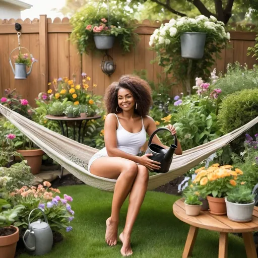 Prompt: create an outdoor garden full of plants and flowers that has a hammock, birdbath, a bench and  a brown skin colored woman holding a watering can 