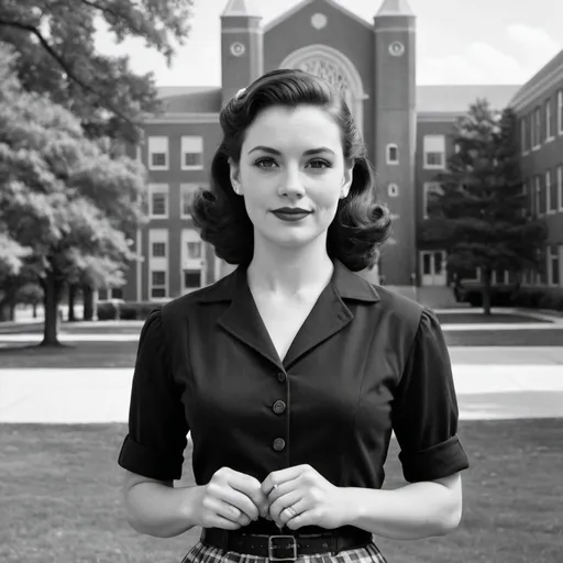 Prompt: Please create an image of a woman in her 30s that looks like it's from the 1950s where she's standing in front of a college campus and make it black and white
