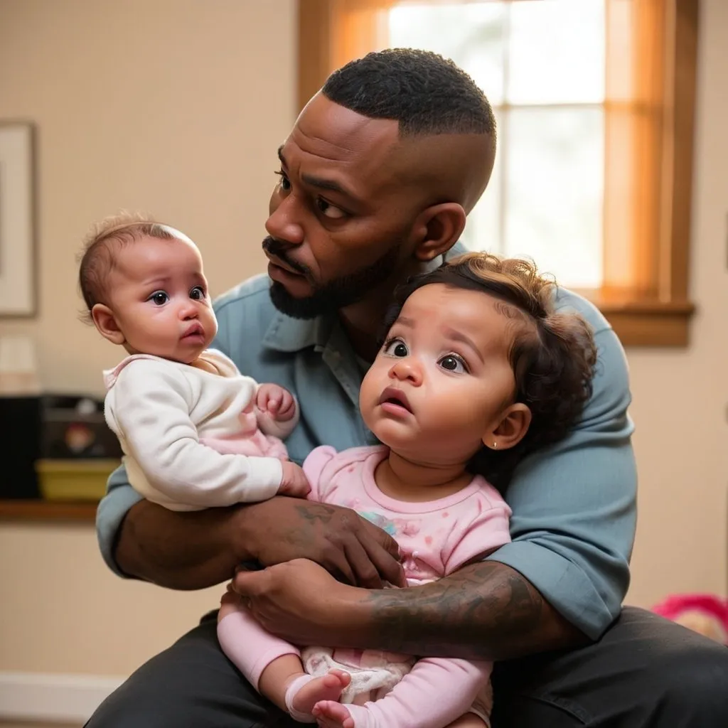 Prompt: ceaser short hair Steven (black father) holding baby Stephanie, with Alondra looking on, fascinated.
   - **Visual Elements**: Soft, warm light. Emphasis on family bonds and gentle guidance
 
