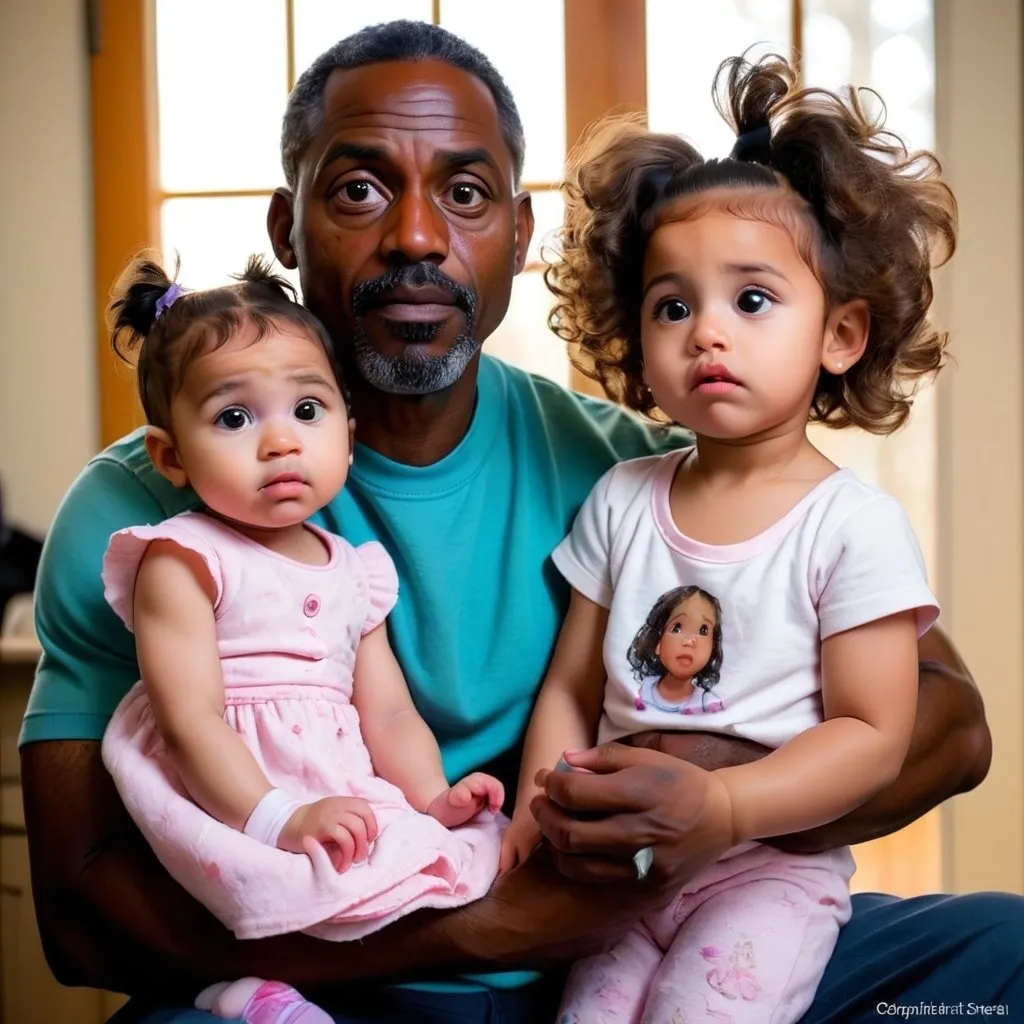 Prompt: faded hair cut black father Steven holding baby Stephanie, with 4 years old 
Alondra looking on, fascinated.
   - **Visual Elements**: Soft, warm light. Emphasis on family bonds and gentle guidance.

