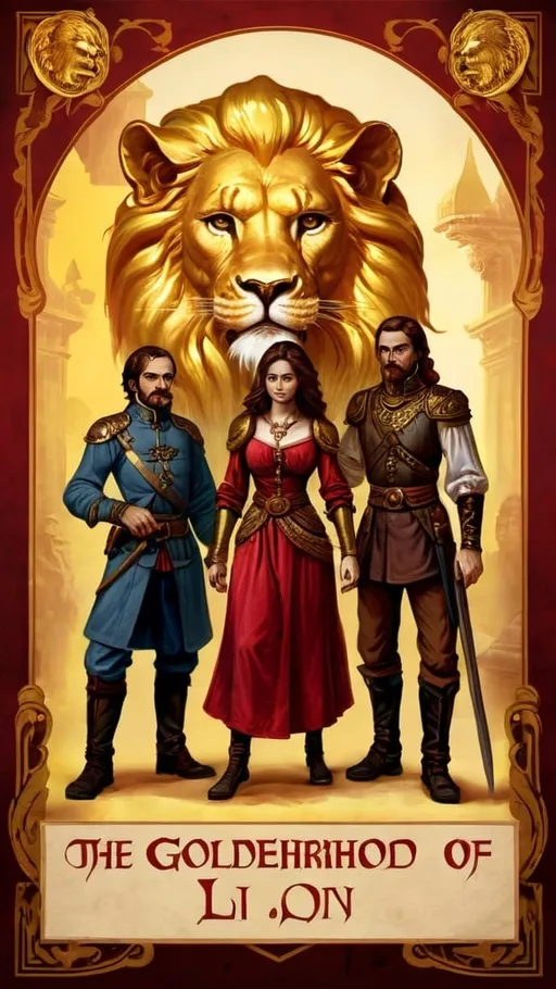 Prompt: Poster for a role-playing game: the brotherhood of the golden lion
There are three man and a woman.
 They are from the 19th century and they are adventurers. Behind it there is an  golden lion statue with a ruby ​​on the forehead.