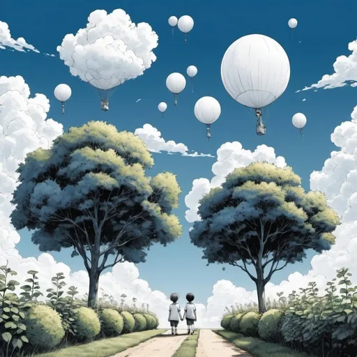 Prompt:  2 grands arbres, jardins potager, des enfants blanc et noir jouent au ballon , ciel bleue nuages blanc, style manga