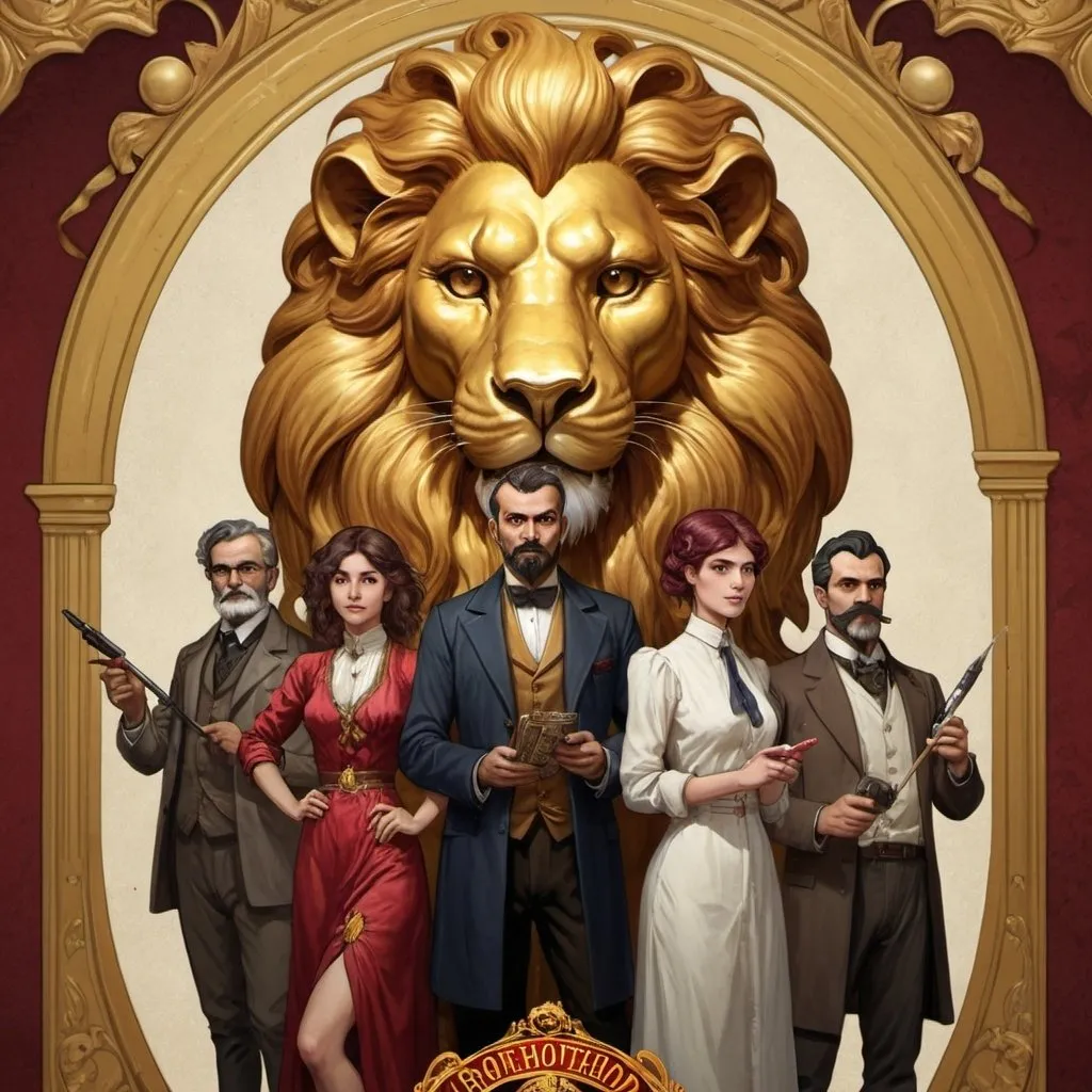Prompt: Poster for a role-playing game: the brotherhood of the golden lion
There is a painter, a woman, a videographer, and a scientist. They are from the 19th century and they are adventurers. Behind it there is an art nouveau gold lion statue with a ruby ​​on the forehead.