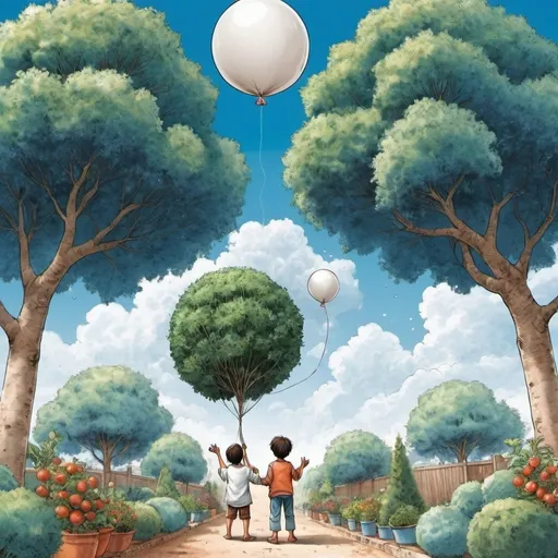 Prompt:  2 
grands arbres, jardins potager, des enfants arabe jouent au ballon , ciel bleue nuages blanc, style manga, ambiance festive