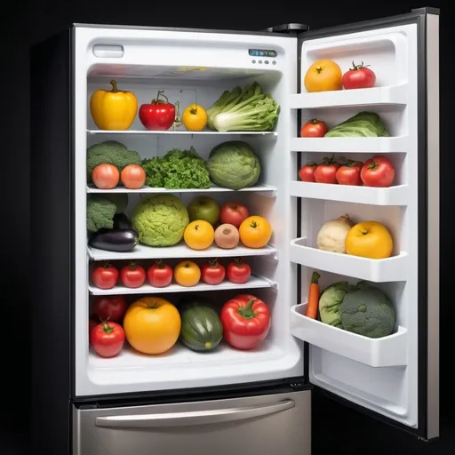 Prompt: Illustration of a well-stocked fridge: Show a refrigerator filled with fresh fruits and vegetables, each with a smiling face or a humorous expression, seeming to await their delivery.

add illustrated eyes and smiling mouth to some vegetables 