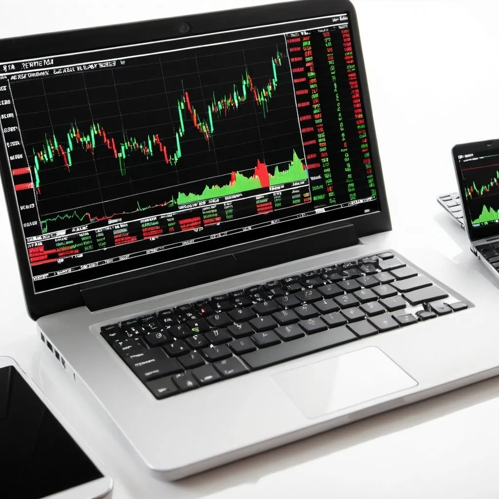 Prompt: A laptop and forex chart with white background 