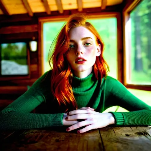 Prompt: A pale girl with short flowing vibrant red hair and green eyes sitting in a cabin in a green sweater