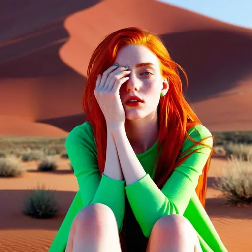 Prompt: a girl with pointed ears, vibrant red hair, and striking green eyes, sitting in a vast desert landscape, realistic, highres, detailed, red hair, green eyes, pointed ears 