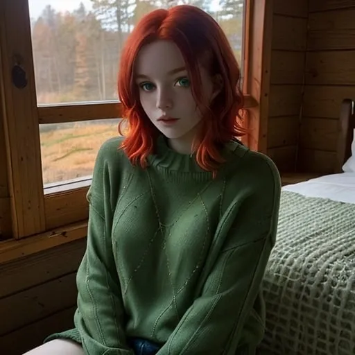 Prompt: A pale cute romantic girl with short flowing vibrant red hair and green eyes sitting in a cabin in a green sweater